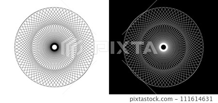 Lines in circle like safety pattern or guilloche for any projects. Black shape on a white background and the same white shape on the black side. 111614631