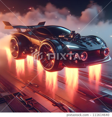 Cyberpunk style, high-tech flying car drift with flaming wheels. 111614640