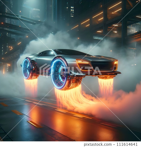 Cyberpunk style, high-tech flying car drift with flaming wheels. 111614641