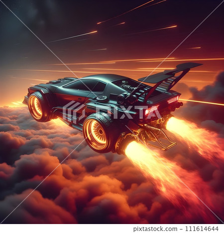 Cyberpunk style, high-tech flying car drift with flaming wheels. 111614644