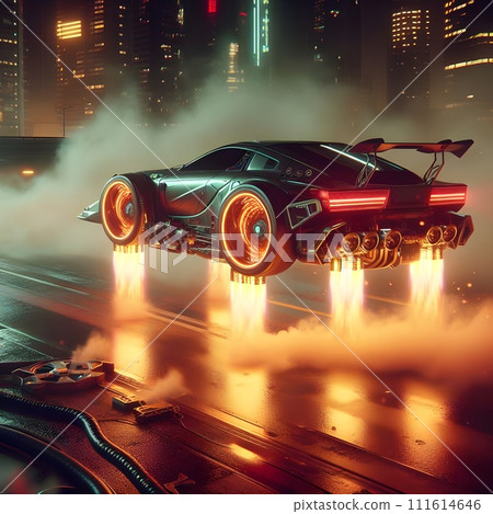Cyberpunk style, high-tech flying car drift with flaming wheels. 111614646
