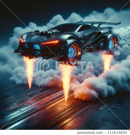 Cyberpunk style, high-tech flying car drift with flaming wheels. 111614650