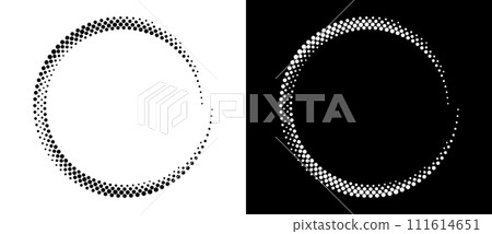 Modern abstract background. Halftone dots in circle form. Letter C like logo, icon or design element. Black dots on a white background and white dots on the black side. 111614651