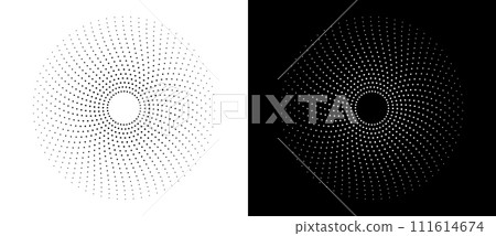 Modern abstract background. Halftone dots in circle form. Spiral logo, icon or design element. Black dots on a white background and white dots on the black side. Modern abstract background. Halftone dots in circle form. Spiral logo, icon or design element. Black dots on a white background and white dots on the black side. 111614674