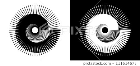 Spiral ans circle with lines as dynamic abstract vector background or logo or icon. Black shape on a white background and the same white shape on the black side. Spiral ans circle with lines as dynamic abstract vector background or logo or icon. Black shape on a white background and the same white shape on the black side. 111614675