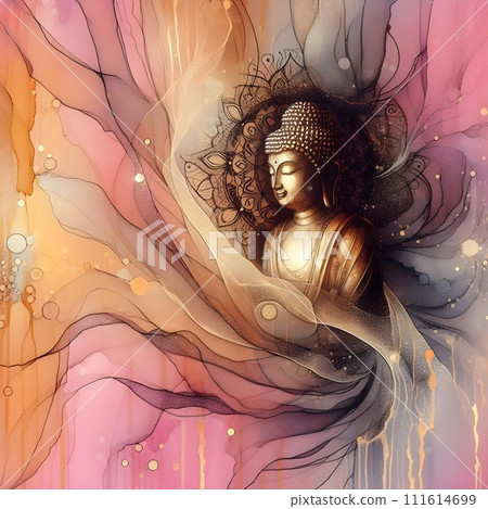 Buddha statue covered with gauze, spider webs, glitter, pink and yellow background. 111614699