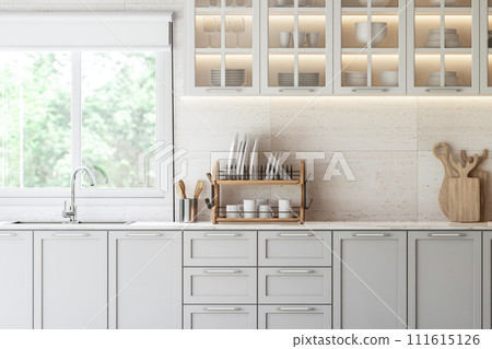 Close up image of modern vintage style kitchen counter 3d render Close up image of modern vintage style kitchen counter 3d render 111615126