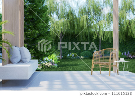 Modern contemporary style wooden pavilion with blurry green garden view background 3d render 111615128