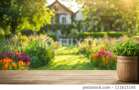 An empty wooden table in the foreground, with a blurred country house in the background against a verdant garden setting An empty wooden table in the foreground, with a blurred country house in the background against a verdant garden setting 111615195