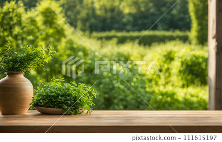 An empty wooden table in the foreground, with a blurred country house in the background against a verdant garden setting An empty wooden table in the foreground, with a blurred country house in the background against a verdant garden setting 111615197