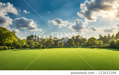 Green grass in the foreground of a wide meadow, country house in the background 111615199