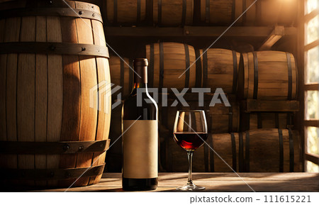 Rustic wooden table with bottle of wine and glass 111615221