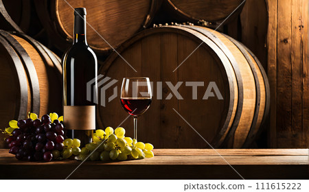 Rustic wooden table with bottle of wine and glass Rustic wooden table with bottle of wine and glass 111615222