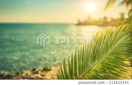 Serene summer beach scene with palm leaves, sand, and sea 111615241
