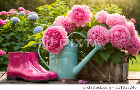A watering can and rubber boots amidst a flourishing garden 111615246