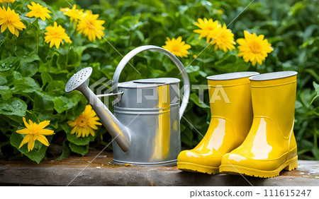 A watering can and rubber boots amidst a flourishing garden 111615247