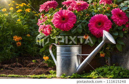 A watering can and rubber boots amidst a flourishing garden 111615248