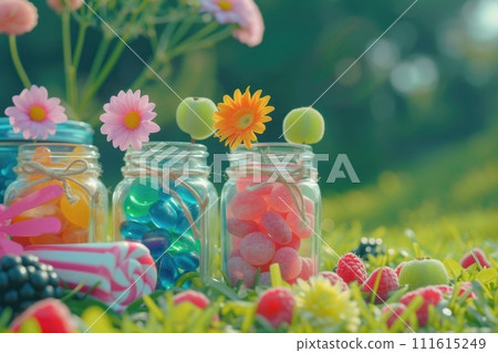 colorful jelly candy in jars near green grass and flower 111615249