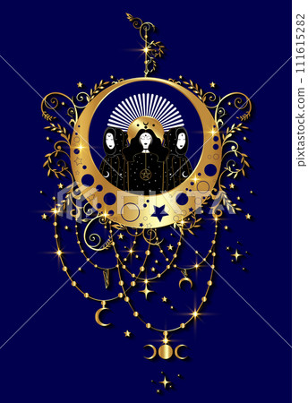 Mystical triple goddess, priestesses on magical crescent moon. Beautiful celestial fairy women in gold boho style. Gothic Witch wiccan female sacred design. Vector isolated on blue background 111615282