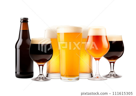 Set of Beer glasses and bottles on a white background. Mugs with drink like Ipa, Pale Ale, Pilsner, Porter or Stout Set of Beer glasses and bottles on a white background. Mugs with drink like Ipa, Pale Ale, Pilsner, Porter or Stout 111615305