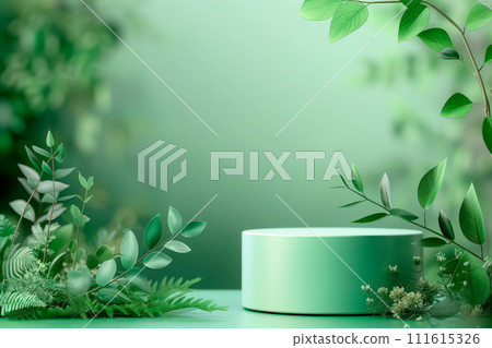Cylinder podium for product demonstration on green background with nature elements like leaves, plants and flowers Cylinder podium for product demonstration on green background with nature elements like leaves, plants and flowers 111615326