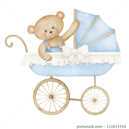 Watercolor Baby Pram with Teddy bear in vintage style. Retro kid Stroller in cute pastel blue and beige colors. Carriage for children. Illustration of perambulator with toy for newborn party. 111615350