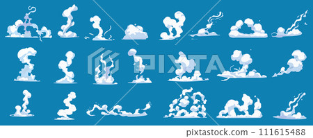 Steam clouds mega set in cartoon graphic design. Bundle elements of white smoke motions with fluffy trails, cloudy vapour shape and wind speed comic effects. Vector illustration isolated objects 111615488