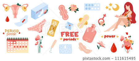 Menstrual period mega set in cartoon graphic design. Bundle elements of feminine hygiene products, pads, tampons, menstrual cup, calendar, uterus, flowers, drops. Vector illustration isolated objects Menstrual period mega set in cartoon graphic design. Bundle elements of feminine hygiene products, pads, tampons, menstrual cup, calendar, uterus, flowers, drops. Vector illustration isolated objects 111615495