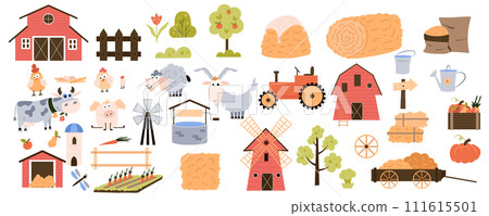 Cute farming mega set in cartoon graphic design. Bundle elements of livestock, poultry, gardening crop, trees, mill, tractor, barn, haystack, vegetables, fruits. Vector illustration isolated objects Cute farming mega set in cartoon graphic design. Bundle elements of livestock, poultry, gardening crop, trees, mill, tractor, barn, haystack, vegetables, fruits. Vector illustration isolated objects 111615501