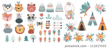 Cute American Indian mega set in cartoon graphic design. Bundle elements of animals heads in feather headdresses, mountains, plants, dream catcher, tribal wigwams. Vector illustration isolated objects Cute American Indian mega set in cartoon graphic design. Bundle elements of animals heads in feather headdresses, mountains, plants, dream catcher, tribal wigwams. Vector illustration isolated objects 111615503