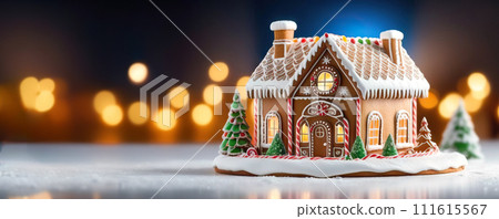 AI-generated content. Gingerbread house decorated with white icing with 2/3 free space for advertising, text, copy.Banner. New Year Christmas 111615567