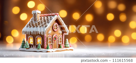 AI-generated content. Christmas golden banner with a beautiful holiday house and small edible Christmas trees, sideways in the background. Free space for copying. New Year, Christmas AI-generated content. Christmas golden banner with a beautiful holiday house and small edible Christmas trees, sideways in the background. Free space for copying. New Year, Christmas 111615568