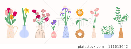 Flower bouquet in vase.Spring and summer flowers, plants for decoration, blooming herbs isolated on white background.Decor abstract ceramic pots. Vector illustration EPS 10 111615642