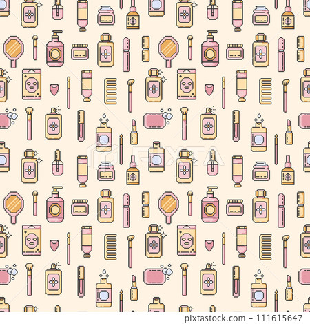 Seamless pattern makeup beauty cosmetic element,mascara,cream bottle,nail product,brush and ect.Pixel art style.Make-up element illustration for wallpaper,background,textile.Vector illustration EPS 10 111615647