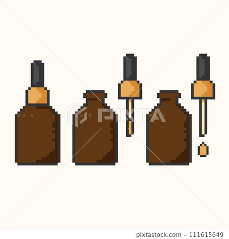 Dropper bottle with serum or oil, pixel art icons set. Closed, Opened vial with drop, liquid package.Make-up and cosmetology concept.Vector illustration eps10 Dropper bottle with serum or oil, pixel art icons set. Closed, Opened vial with drop, liquid package.Make-up and cosmetology concept.Vector illustration eps10 111615649