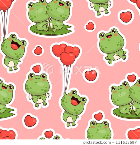 Seamless pattern with romantic frogs on pink background with hearts. Cute romantic kawaii animal character. Vector illustration. Seamless pattern with romantic frogs on pink background with hearts. Cute romantic kawaii animal character. Vector illustration. 111615697