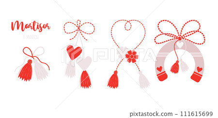 Collection Martisor holiday. Martenitsa talisman. Isolated Red and white thread amulets. Moldovan, Romanian and Bulgarian symbol symbol for spring beginning. 1 March . Collection Martisor holiday. Martenitsa talisman. Isolated Red and white thread amulets. Moldovan, Romanian and Bulgarian symbol symbol for spring beginning. 1 March . 111615699