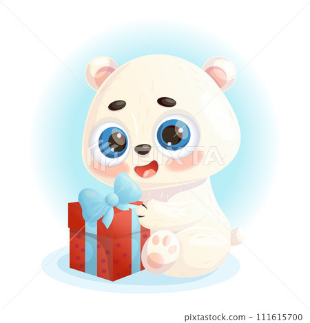 Cute happy polar bear cub with gift. Cartoon animal character. Vector illustration. Kids collection. Polar Bear Day. Cute happy polar bear cub with gift. Cartoon animal character. Vector illustration. Kids collection. Polar Bear Day. 111615700
