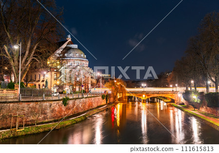 Old Town of Strasbourg above a canal at night. UNESCO world heritage in Alsace, France 111615813