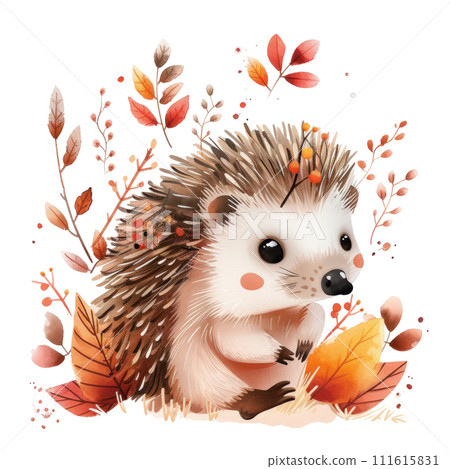 Vibrant Watercolor Hedgehog with Autumn Leaves 111615831
