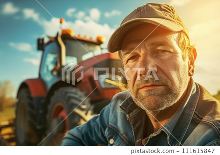 Portrait of an adult tractor driver in a baseball cap against the background of a tractor, a break in the arable land, warm sunlight at sunset, Earth Hour - the concept of caring for the earth 111615847