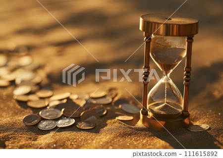 Money in an hourglass. Sandglass full of coins. Investment, savings concept. Retirement saving, investing time, financial concept. Value of money in time. Time is money, banking, time to pay, deadline Money in an hourglass. Sandglass full of coins. Investment, savings concept. Retirement saving, investing time, financial concept. Value of money in time. Time is money, banking, time to pay, deadline 111615892