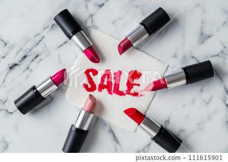 Many different lipsticks and card with word Sale on marble table, top view, flat lay. Decorative cosmetics, makeup sale. Word SALE written by red lipstick. Special offer, discount and advertisement Many different lipsticks and card with word Sale on marble table, top view, flat lay. Decorative cosmetics, makeup sale. Word SALE written by red lipstick. Special offer, discount and advertisement 111615901