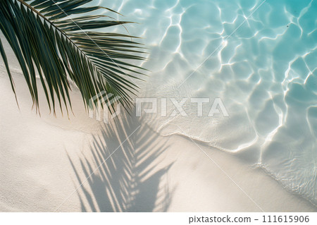 Water and sand surface with tropical palm leaves shadow. Green palm leaf shadow on white sand beach of an ocean shore. Tropical background for summer vacation at the beach. Calm sea, perfect vacation Water and sand surface with tropical palm leaves shadow. Green palm leaf shadow on white sand beach of an ocean shore. Tropical background for summer vacation at the beach. Calm sea, perfect vacation 111615906