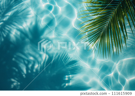 Water and sand surface with tropical palm leaves shadow. Green palm leaf shadow on white sand beach of an ocean shore. Tropical background for summer vacation at the beach. Calm sea, perfect vacation Water and sand surface with tropical palm leaves shadow. Green palm leaf shadow on white sand beach of an ocean shore. Tropical background for summer vacation at the beach. Calm sea, perfect vacation 111615909