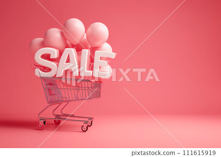 Shopping cart with sign SALE and inflatable helium balloons on pink background. Sale, Black Friday concept, shopping season, purchase, discounts, shopaholic. Promotion, marketing Shopping cart with sign SALE and inflatable helium balloons on pink background. Sale, Black Friday concept, shopping season, purchase, discounts, shopaholic. Promotion, marketing 111615919
