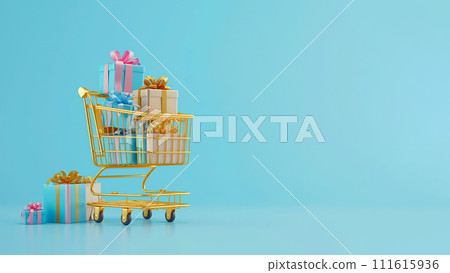 Shopping cart with gift boxes. Golden shopping basket full of gifts on blue background. Sale, Black Friday concept, shopping season, purchase, discounts, shopaholic. Promotion, marketing, copy space Shopping cart with gift boxes. Golden shopping basket full of gifts on blue background. Sale, Black Friday concept, shopping season, purchase, discounts, shopaholic. Promotion, marketing, copy space 111615936