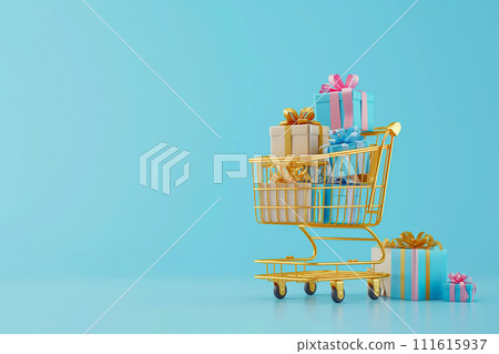 Shopping cart with gift boxes. Golden shopping basket full of gifts on blue background. Sale, Black Friday concept, shopping season, purchase, discounts, shopaholic. Promotion, marketing, copy space Shopping cart with gift boxes. Golden shopping basket full of gifts on blue background. Sale, Black Friday concept, shopping season, purchase, discounts, shopaholic. Promotion, marketing, copy space 111615937