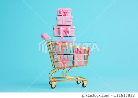 Shopping cart with gift boxes. Golden shopping basket full of gifts on blue background. Sale, Black Friday concept, shopping season, purchase, discounts, shopaholic. Promotion, marketing, copy space Shopping cart with gift boxes. Golden shopping basket full of gifts on blue background. Sale, Black Friday concept, shopping season, purchase, discounts, shopaholic. Promotion, marketing, copy space 111615938