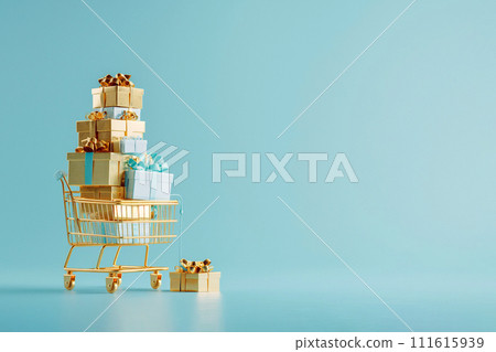 Shopping cart with gift boxes. Golden shopping basket full of gifts on blue background. Sale, Black Friday concept, shopping season, purchase, discounts, shopaholic. Promotion, marketing, copy space Shopping cart with gift boxes. Golden shopping basket full of gifts on blue background. Sale, Black Friday concept, shopping season, purchase, discounts, shopaholic. Promotion, marketing, copy space 111615939